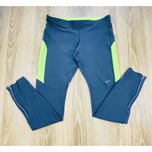 Nike Running Dri Fit Neon Green/Gray Leggings Ankle Zip Womens Size Medium